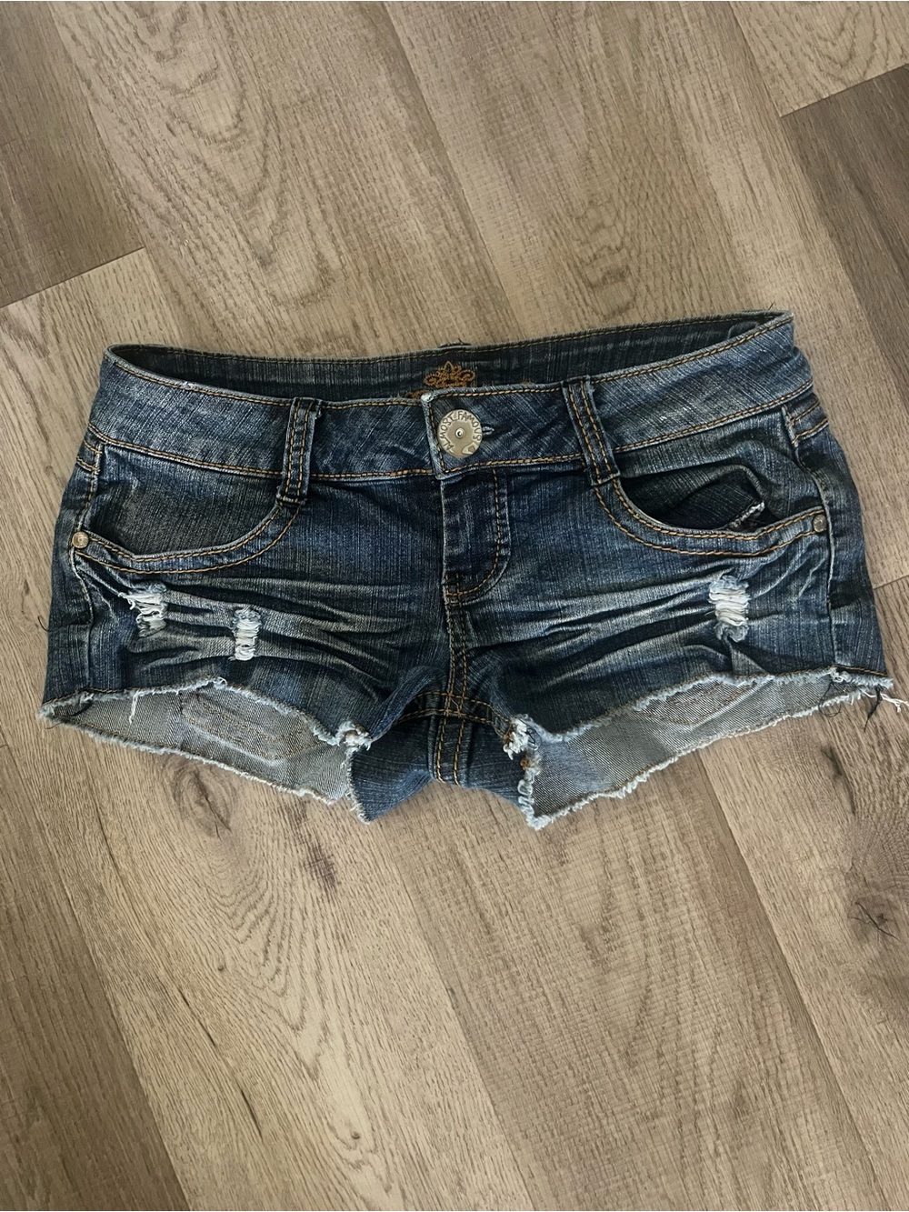 Vintage Y2K Almost Famous Low Rose Mini Denim Cutoff Shorts Distressed Dark Blue